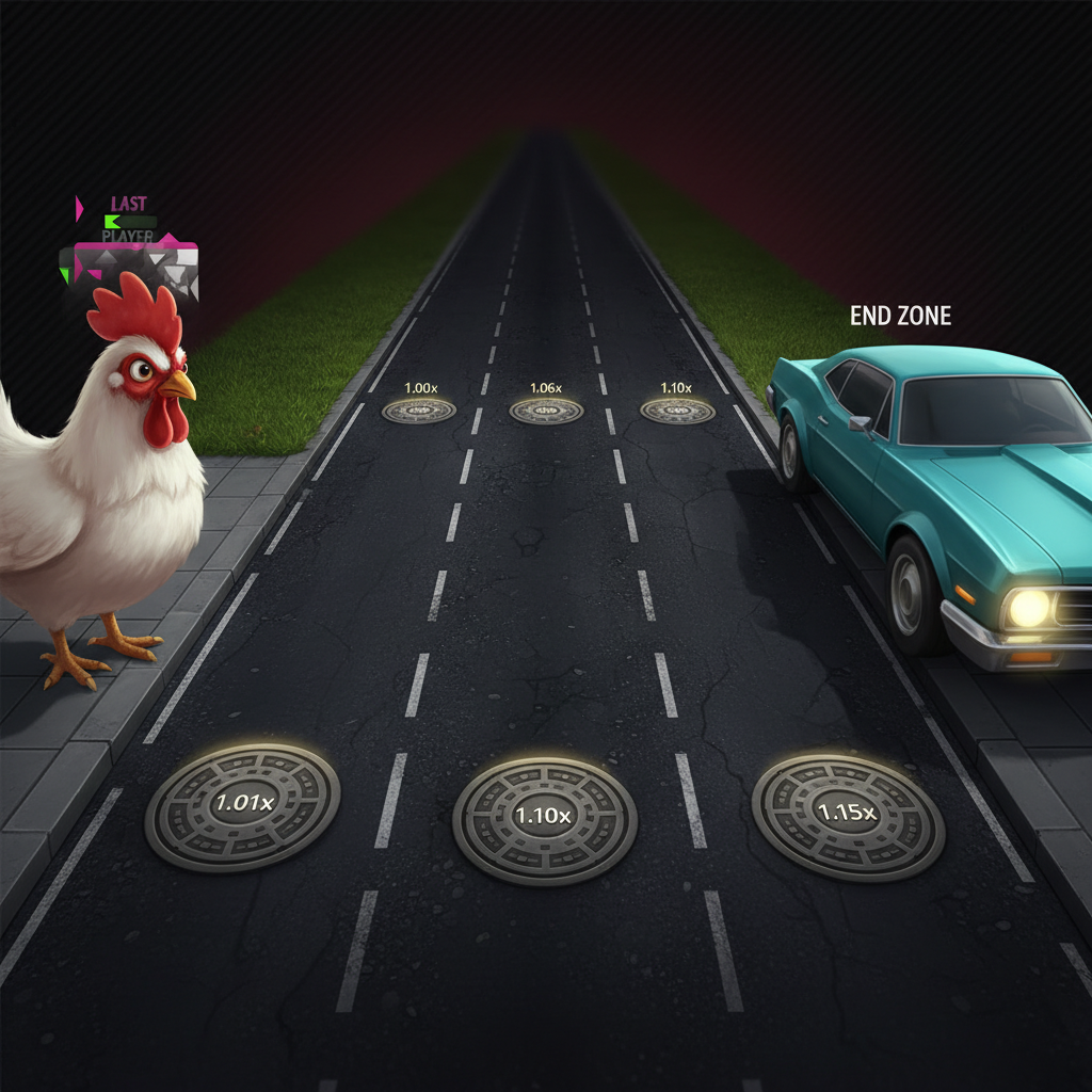 Chicken Road 2 layout del campo di gioco con zona partenza, strada a 6 corsie e zona auto